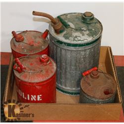 4 VINTAGE STEEL GAS CANS.