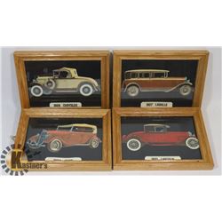 SET OF 4 ANTIQUE CAR PICTURES.