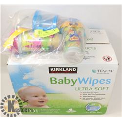 NEW BOX OF KIRKLAND BABY WIPES AND 3 SIPPY CUPS