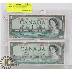 LOT OF 2 CANADA $1 BILLS 1954