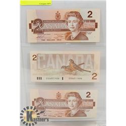 3 CANADA $2 BILLS 1986