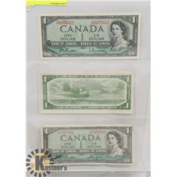 3 CANADA $1 BILLS 1954