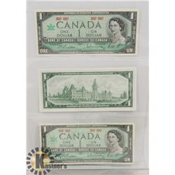 3 CANADA $1 COMMEMORATIVE BILLS 1967 NO S/N
