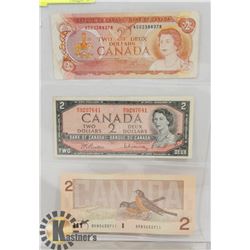 3 CANADA $2 BILLS, 1986, 1954, 1974