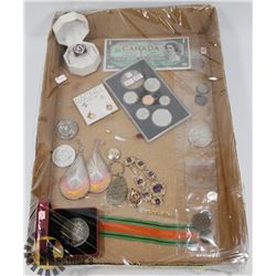 FLAT OF JEWELLERY, CURRENCY AND COLLECTIBLES