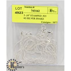 LOT OF 5 -24" STAMPED .925 STERLING SILVER SNAKE
