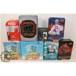 BOX OF HOCKEY TINS AND EMPTY BASEBALL BOXES.