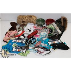 FLAT OF DOG COLLARS, DOG CLOTHING, AND OTHER
