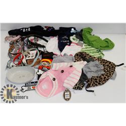 FLAT OF DOG COLLARS, DOG CLOTHING, AND OTHER