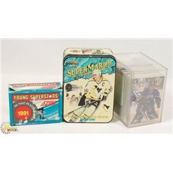 BOX OF 1996 FLAIR HOCKEY CARDS AND SUPER MARIO TIN