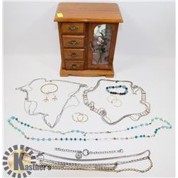 ESTATE WOODEN JEWELRY BOX FULL OF JEWELRY