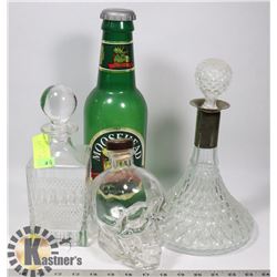 LOT OF DECANTERS AND COIN BANK