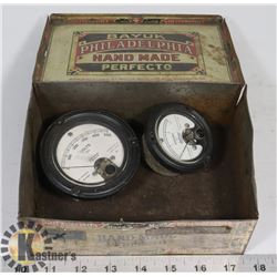 TIN CIGAR BOX WITH OLD GAUGES.