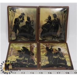 SET OF 4 CONVEX CURVED GLASS PICTURE 1900'S