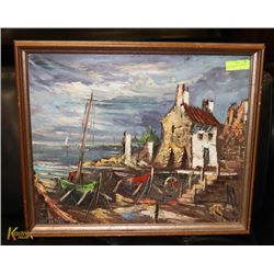 FRAMED ORIGINAL OIL PAINTING OF BOATS 22"X26".