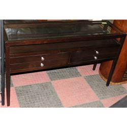 GLASS TOPPED SIDE TABLE WITH 2 DRAWERS.