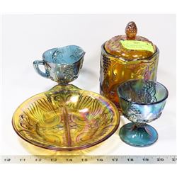 4PC ASST CARNIVAL GLASS INCL CANDY JAR, CREAMER,