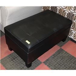 BLACK LEATHER STORAGE OTTOMAN.