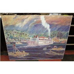 LARGE VINTAGE OIL PAINTING OF EDMONTON RIVER BOAT.