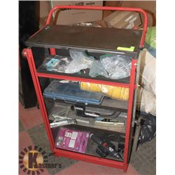 RED TOOL BOX ON WHEELS WITH MISC TOOLS.