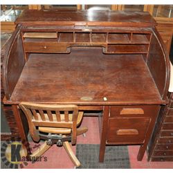 ANTIQUE ROLL TOP DESK WITH OFFICE CHAIR,