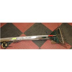 LOT OF OUTDOOR TOOLS INCL 3 RAKES, SPADE SHOVEL,