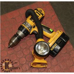 DEWALT 18 VOLT DRILL, BATTERY & 12V FLASHLIGHT.