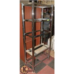 STAINLESS STEEL WITH GLASS SHELF 5FT HIGH.