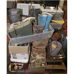 PALLET OF ASSORTED MISC INCL JARS, COOLER, BARRELL