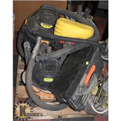 PALLET WITH SHOP VACS, CHARGER, TOOL BOX AND MORE
