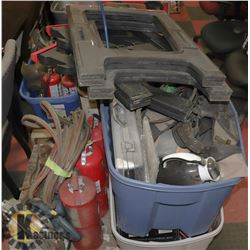 PALLET WITH MITRE SAW, FIRE EXTINGUISHERS, SAW