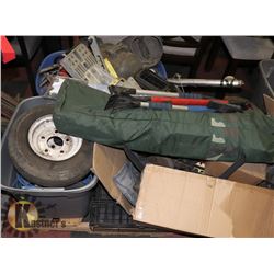 PALLET WITH WIRE, TRAILER WHEELS, SNOW BRUSHES,