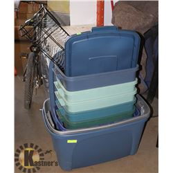 UNCLAIMED STACK OF ASSORTED TOTES AND CD RACKS