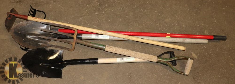 LONG HANDLE SPADE, HOE POTATO FORK, RAKE,