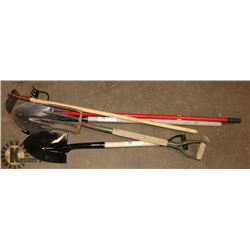 LONG HANDLE SPADE, HOE POTATO FORK, RAKE,