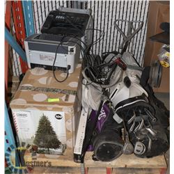 PALLET WITH CHRISTMAS TREE, GOLF CLUBS AND PRINTER