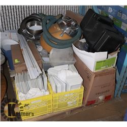 PALLET OF MISC STUFF INCL 3 SETS OF BLINDS,