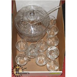 CRYSTAL PUNCH BOWL AND 12 CRYSTAL GLASSES.