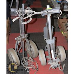 2 PULL CARTS FOR GOLF BAGS, ONE IS A BAG BOY