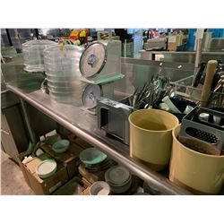 A LOT OF GRATERS, CHEF KNIVES, SCALES, PASTRY COVERS, VASES, CUTLERY DISH RACK, AND CONTAINERS