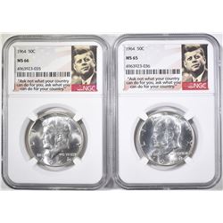 2-1964 KENNEDY HALF DOLLARS, NGC MS-65