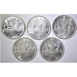 5-BU 1962 CANADIAN SILVER DOLLARS