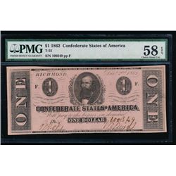 1862 $1 Confederate States of America Note PMG 58EPQ