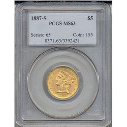 1887-S $5 Liberty Head Half Eagle Gold Coin PCGS MS63