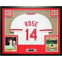 Pete Rose Signed 35x43 Custom Framed Jersey Inscribed "Hit King" (JSA COA)