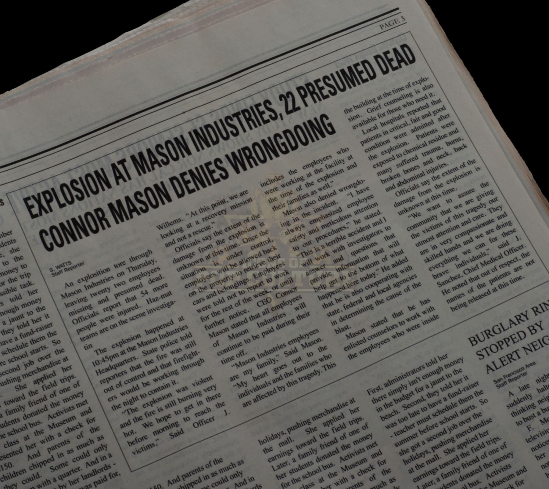 Timeless (TV) – “Mason Industries Explosion” Newspaper – TL119