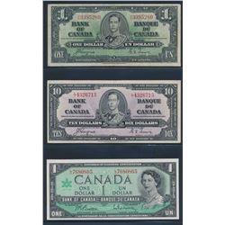Bank of Canada - 3 notes : $1 1937 BC-21d, $10 1937 BC-24c, $1 1967 L/O