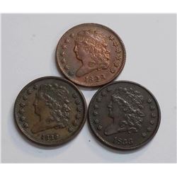 USA - Lot of Three Beautiful AU Half Cents - 1828 13 Stars; 1832; 1833