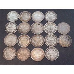 Canada Victoria 5c Lot of Eighteen Nice Coins, Fifteen Different. See Description.