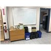 Image 1 : OAK 2 DRAWER LATERAL FILE CABINET, GARBAGE CANS & LARGE WHITE BOARD